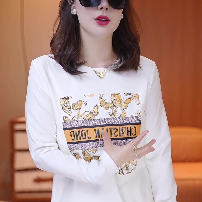 圆领白色正肩长袖T恤女秋季2025新款内搭宽松休闲打底衫上衣