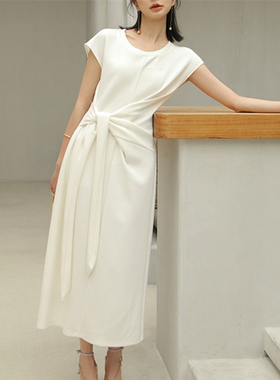 白色夏季中长款裙针织法式简约圆领绑带高级感气质优雅短袖连衣裙