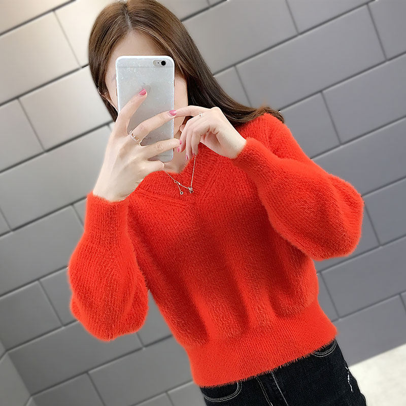 水貂绒毛衣女秋冬套头宽松外穿新短款外套针织衫洋气小个子上衣潮