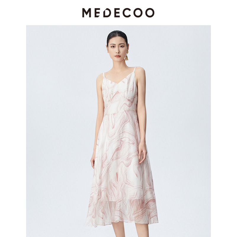 墨蒂珂V领吊带印花无袖连衣裙