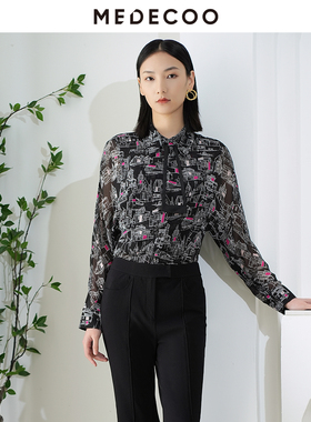 MEDECOO/墨蒂珂夏新款女装印花方领长袖衬衫雪纺上衣THX50201