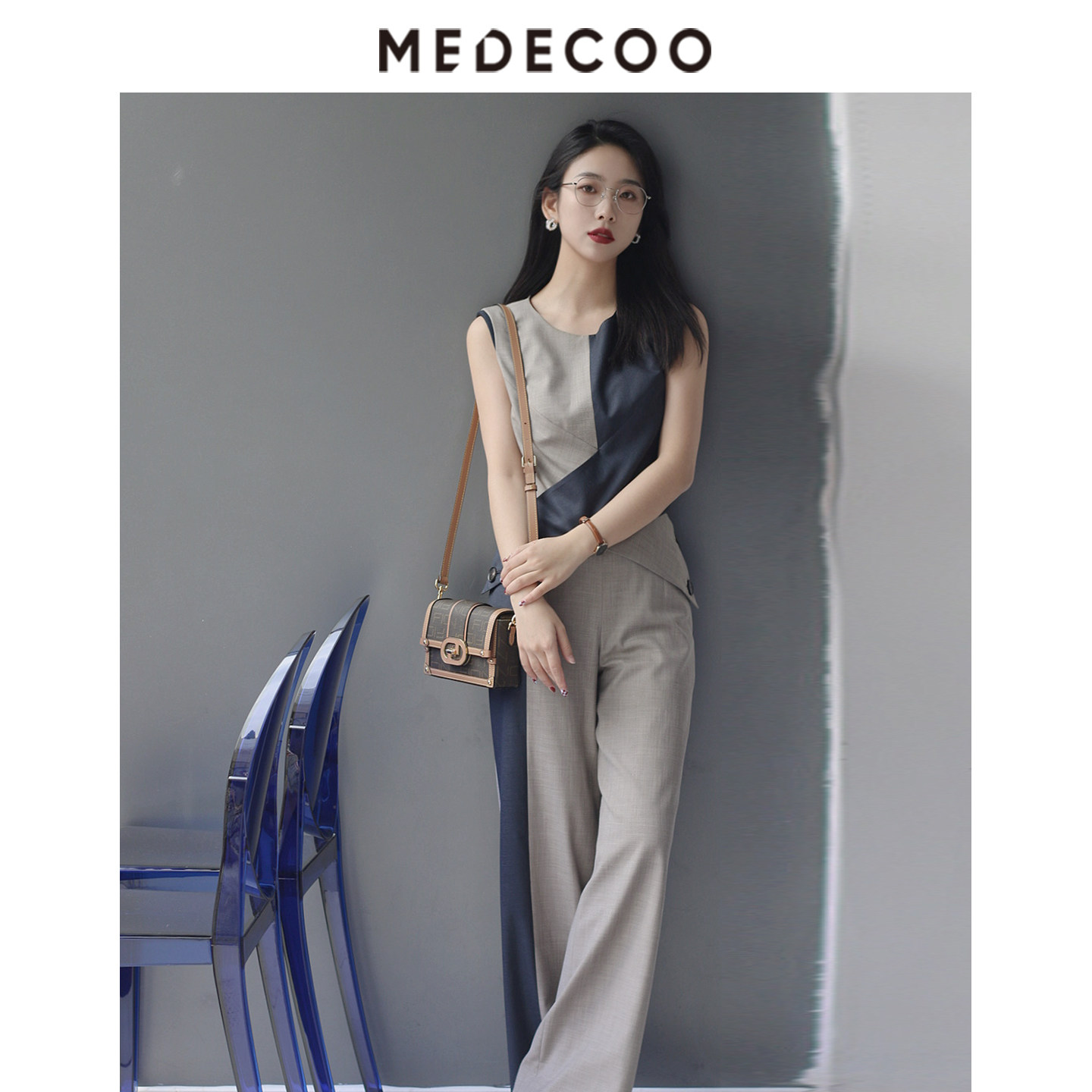 MEDECOO/墨蒂珂2026夏新款女圆领可拆卸设计感2件套连体裤休闲裤