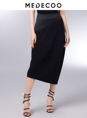 MEDECOO/墨蒂珂2025夏新款女装裙子拼接缎面不规则半身裙MIX70214