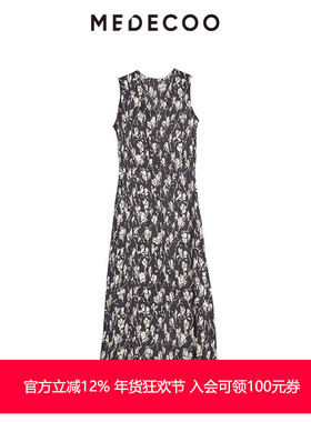 MEDECOO/墨蒂珂2025秋季新款 无袖V领印花雪纺背心连衣裙SID90102