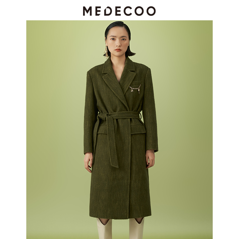 墨蒂珂羊毛混纺长款系带大衣