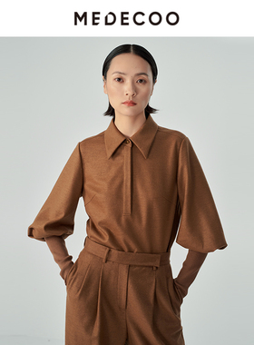 MEDECOO/墨蒂珂冬季新款polo领灯笼长袖羊毛直筒上衣MHD62231