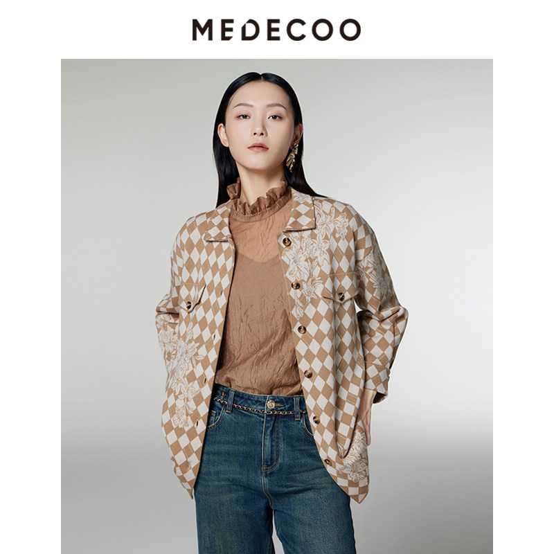 MEDECOO/墨蒂珂2024秋季新款格子印花衬衫式羊毛针织开衫MID40203,女装/女士精品,毛针织衫,淘宝优惠券,粉丝福利购,淘宝优惠卷