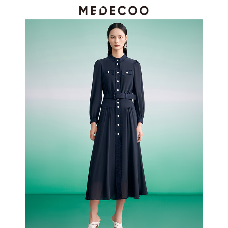 墨蒂珂单排扣泡泡长袖真丝连衣裙