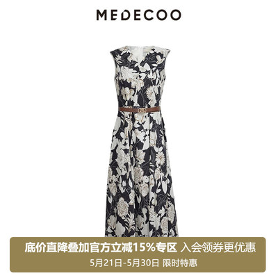 墨蒂珂无袖V领印花纯棉连衣裙女