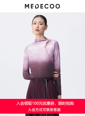 MEDECOO/墨蒂珂2025春季新款渐变印花镂空长袖绒感上衣女MJC62206