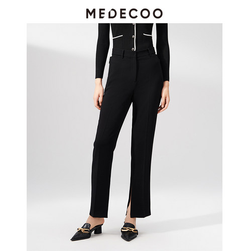 自然腰墨蒂珂长款裤脚开叉休闲裤