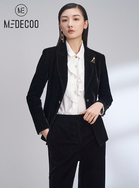 MEDECOO/墨蒂珂秋季新款 修身一粒扣丝绒西装外套女MGQ31209
