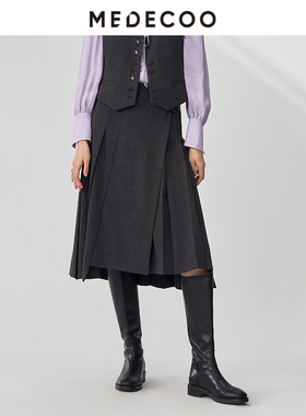 MEDECOO/墨蒂珂秋季新款 不规则摆压褶A字西装半身裙MHQ70302