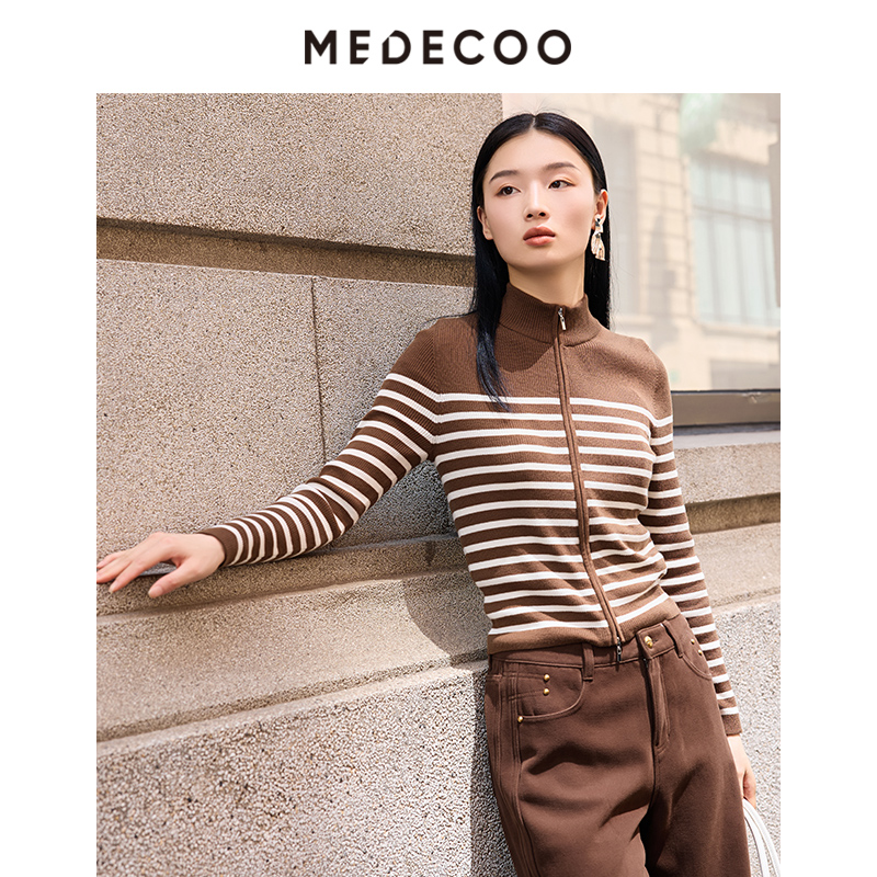 墨蒂珂拉链立领撞色条纹针织开衫