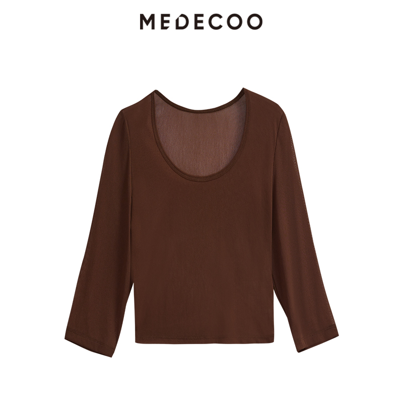 墨蒂珂圆领网纱上衣短款打底衫