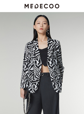 MEDECOO/墨蒂珂2024秋季新款撞色印花一粒扣休闲西装外套MID31207