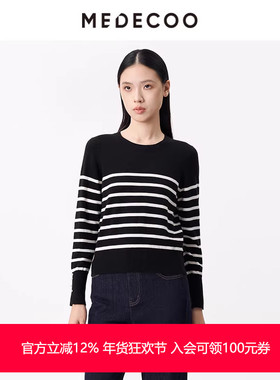 MEDECOO/墨蒂珂2025秋季新款开叉长袖钉珠条纹套头针织衫TID40312