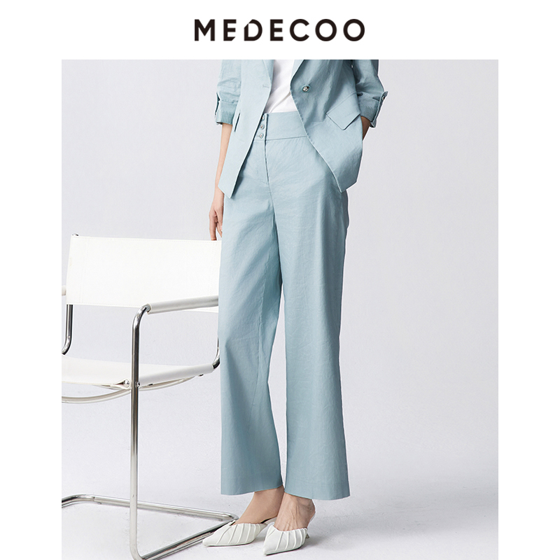 墨蒂珂单排扣直筒亚麻休闲长裤