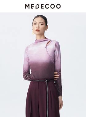 MEDECOO/墨蒂珂2025春季新款渐变印花镂空长袖绒感上衣女MJC62206