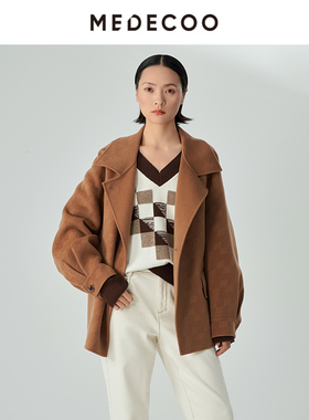 MEDECOO/墨蒂珂冬季新款茧型提花插肩袖羊毛呢外套女MHD31115