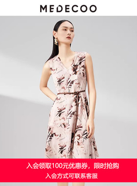 MEDECOO/墨蒂珂春季新款 收腰V领无袖印花雪纺连衣裙MHC90101
