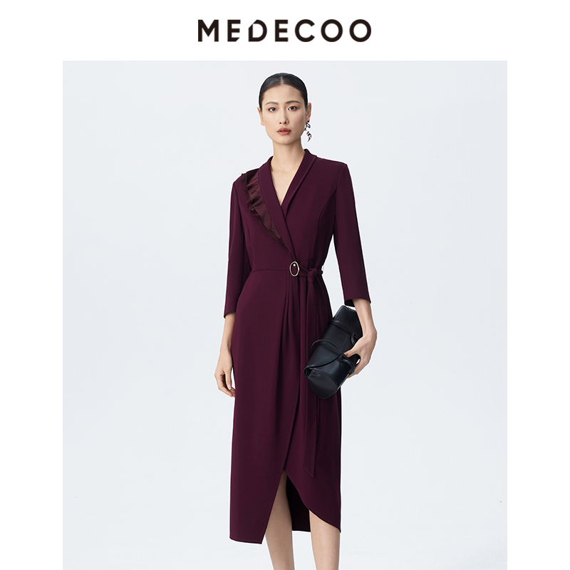 墨蒂珂A字罗马布荷叶边连衣裙