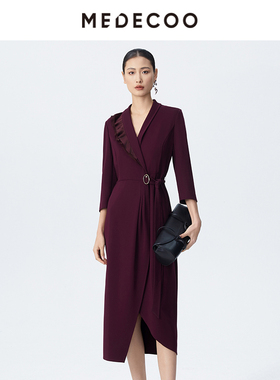MEDECOO/墨蒂珂2025春季新款 荷叶边拼接V领系带连衣裙女MJC90407