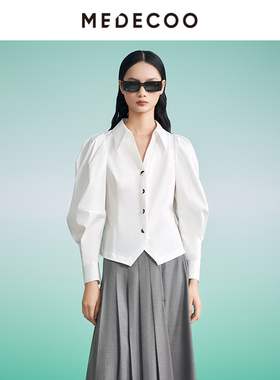 MEDECOO/墨蒂珂2026春季新款 灯笼袖尖领长绒棉截短衬衫MIC50207