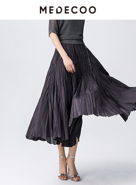 MEDECOO/墨蒂珂2025夏新款 飘逸伞摆松紧腰A字百褶半身裙MJX70220