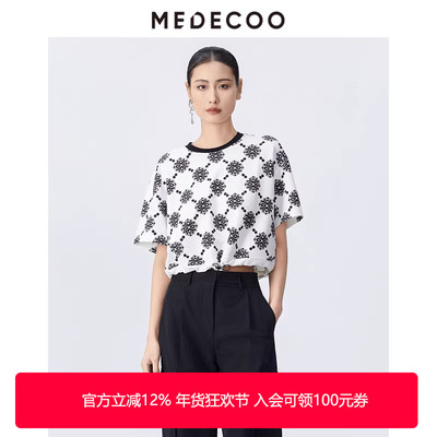 MEDECOO/墨蒂珂2025夏新款女装圆领印花老钱风短袖T恤MJX62202