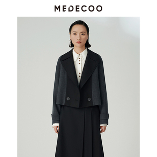 落肩長袖 MEDECOO 墨蒂珂冬季 新款 外套女 兩粒扣拼色截短風衣式