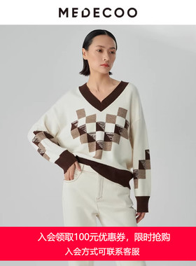 MEDECOO/墨蒂珂冬新款女装休闲撞色V领纯羊毛针织衫MHD40317