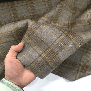 灰棕色大格子图案双面羊绒羊毛料面料 秋冬 柔软 垂坠 服饰 布料