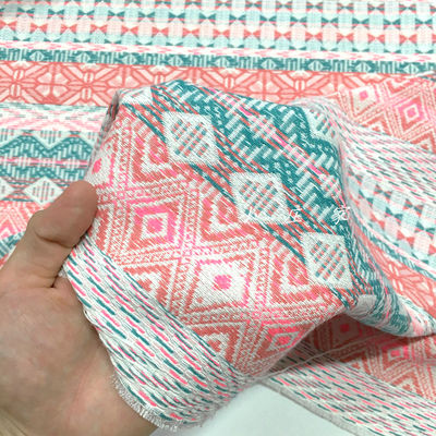 马卡龙色系编织感民族风条纹图案化纤面料 春秋 柔软 垂坠 布料