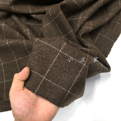 咖啡棕色底条纹格子图案羊毛毛料呢料面料 春秋 西装 外套 布料
