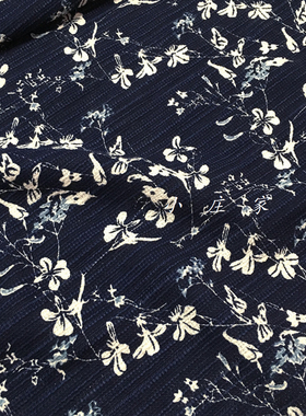 民族风深蓝色竹节棉麻白色花卉图案面料 春季 亲肤 柔软 裙子布料