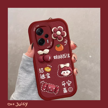 适用于红米Note12turbo手机壳硅胶防摔卡通磨砂女镜头全包note12pro+喜庆可爱高级感9PRO保护壳新年柿柿顺利