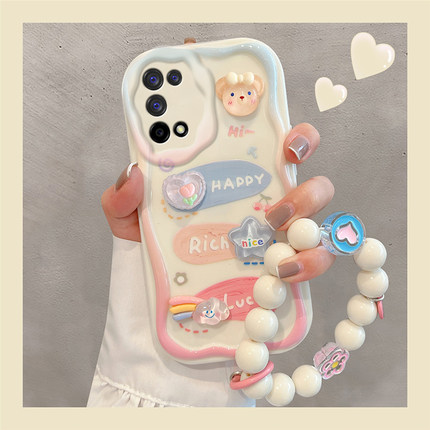可爱甜妹适用oppok7x手机壳保护套oppok7卡通新款女奶油纹立体兔子全包挂绳手链防摔软硅胶外壳