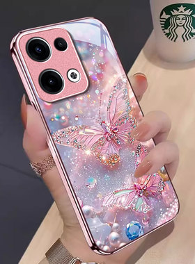 适用闪钻蝴蝶OPPOReno14手机壳13金属漆12玻璃11新款10pro+少女专用9防摔8保护套7se高级6全包5K/3元气版奢华
