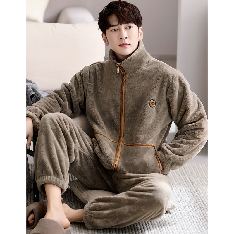 珊瑚绒睡衣男款秋冬季加绒加厚两件套装男士拉链法兰绒家居服冬天