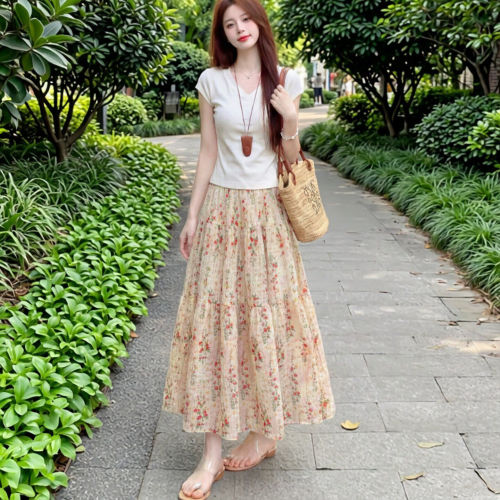 粉色碎花蛋糕裙女款夏季2026新款高腰A字甜美中长款小个子半身裙