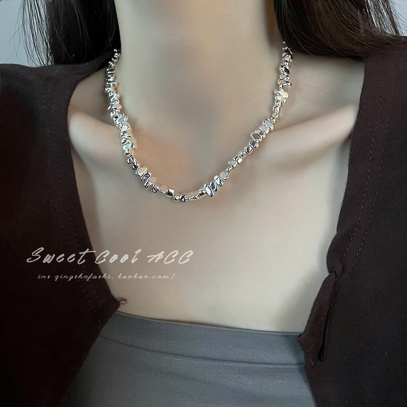 甜酷拼接碎银子项链女设计感轻奢小众颈链毛衣链锁骨链装饰配饰