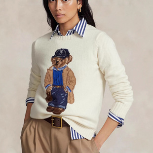 RL小马标经典款Polo复古风手工小熊刺绣花纱气质百搭针织衫女毛衣