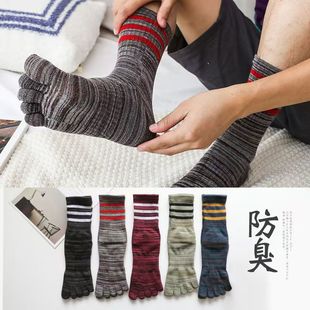 五指袜男高筒棉袜秋冬分趾袜运动袜吸汗透气加厚复古风亚马逊热卖
