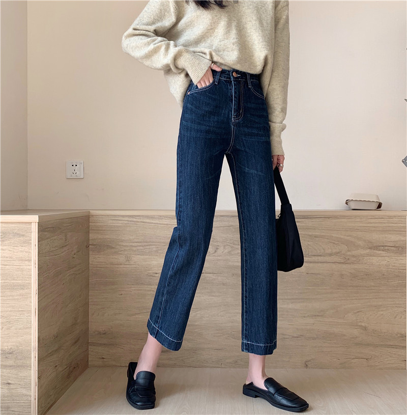 Korean original high waist straight jeans women's loose and thin wide leg versatile classic Capris