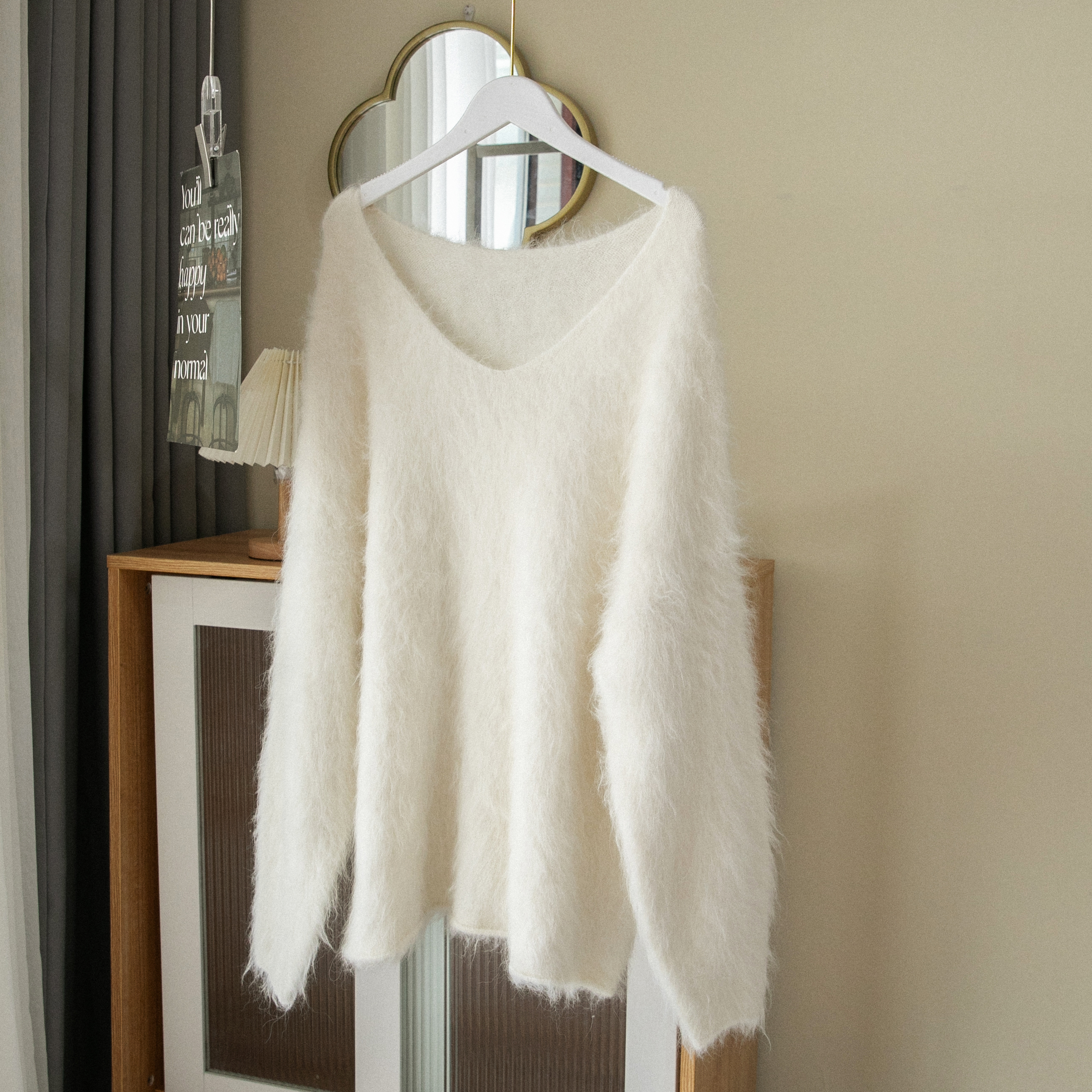 云雾感手工拉毛56%进口羊驼毛衫女氛围感拉绒长袖长毛宽松毛衣