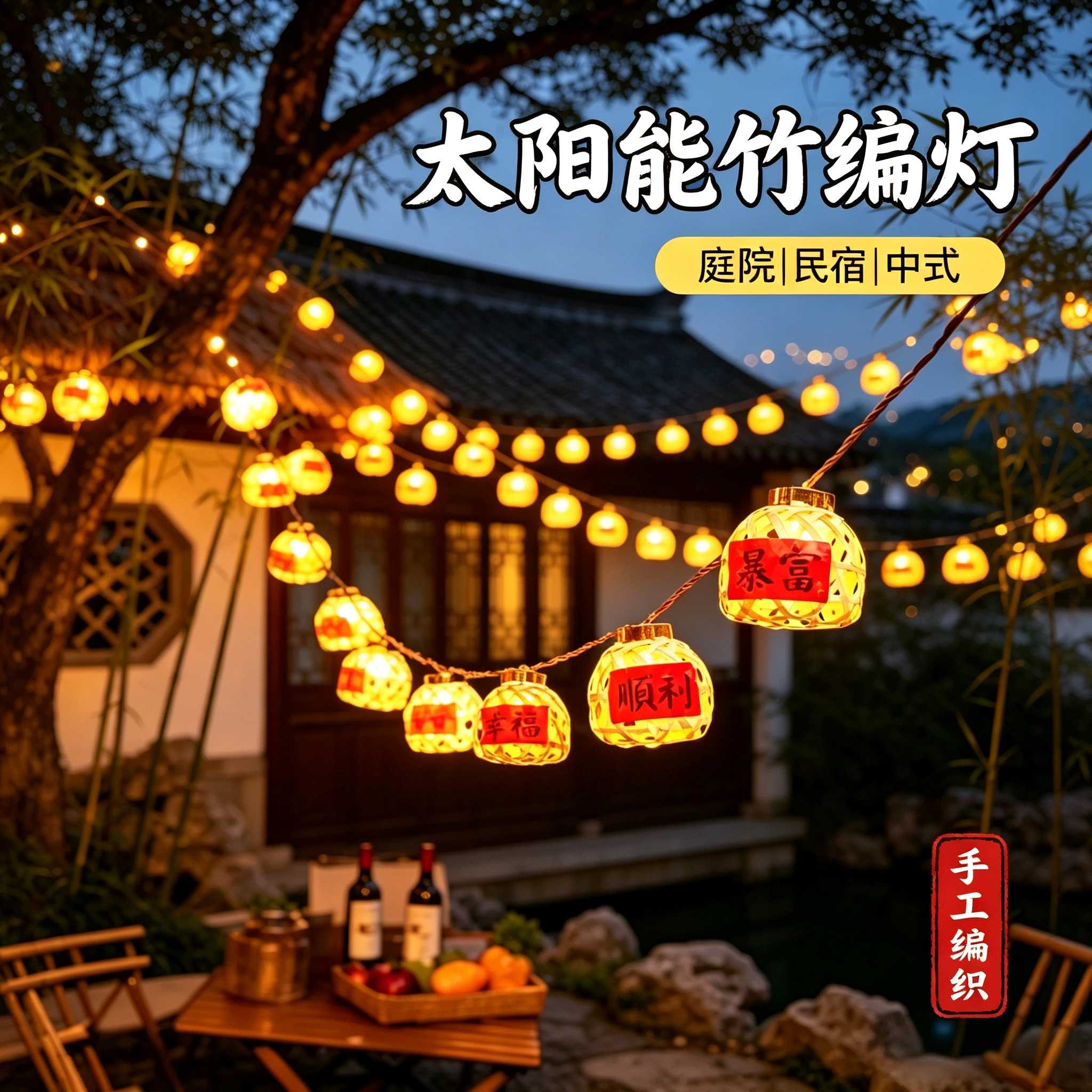 户外led小彩灯阳台布置灯太阳能竹编灯笼串春节装饰灯挂灯氛围灯