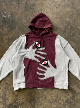 y2k hoodie美式高街风撞色拼接连帽卫衣男女情侣宽松骷髅长袖上衣