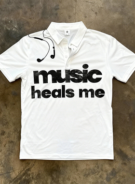 y2k hoodie~复古风短袖T恤~音乐治愈我~POLO衫白色街头穿搭上衣