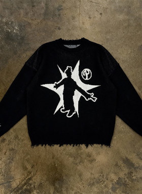 y2k hoodie~美式高街风黑色印花长袖毛衣男女宽松慵懒风针织衫